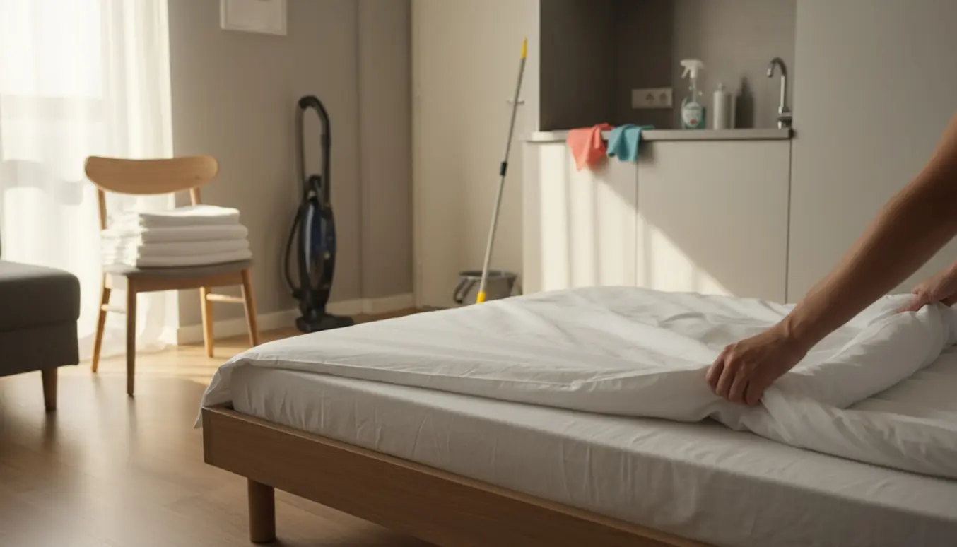 Lille lejlighed på 40 m² klargjort med friskt sengetøj og synlige rengøringsartikler.