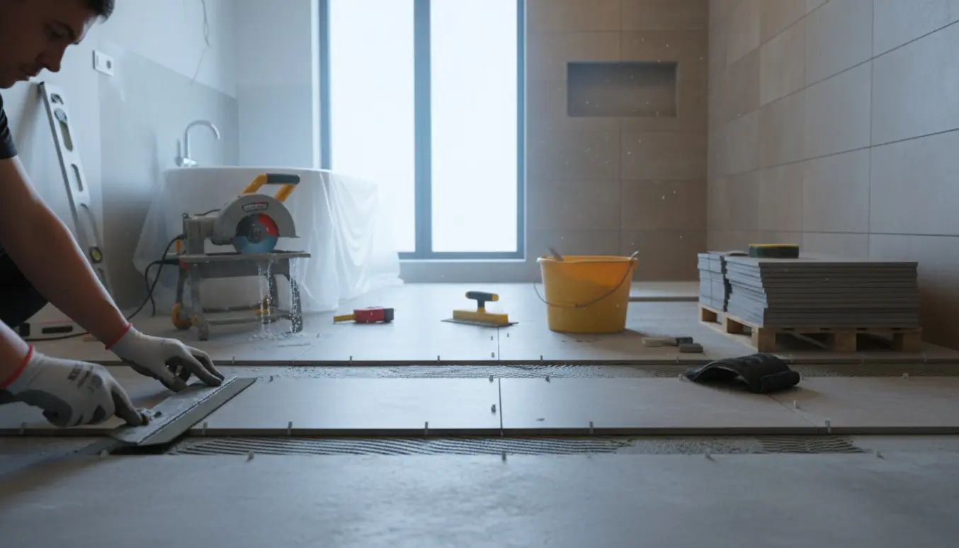 Håndværker påsætter fliser i et stort badeværelse med værktøj og materialer omkring.