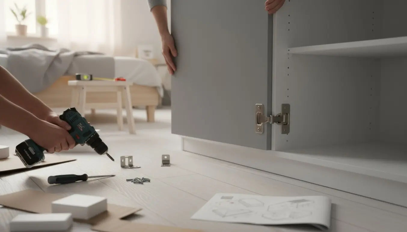 Nærbillede af montering af låge på et PAX-garderobeskab med værktøj og hængsler, uden synlige ansigter.