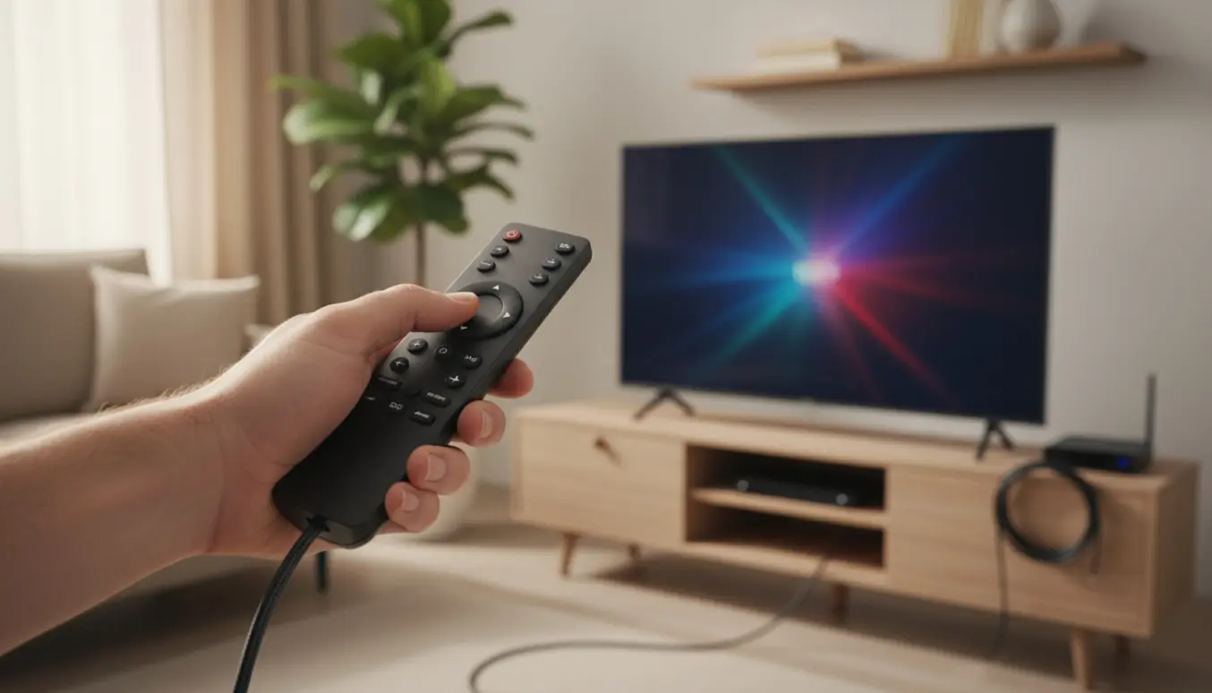 Hånd med fjernbetjening foran et moderne fladskærms-tv, der søger kanaler i en lys stue.