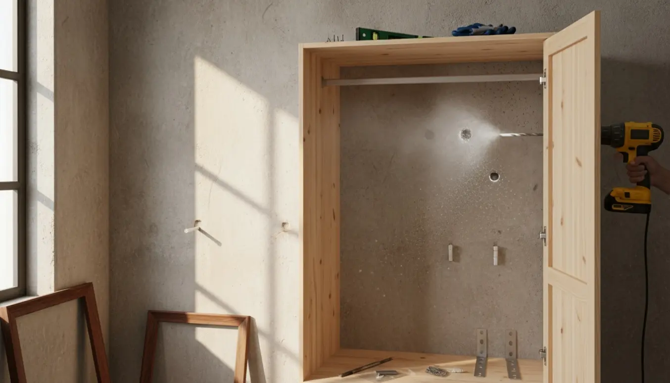 Et halvt samlet klædeskab mod en betonvæg med borestøv, monteringsstang og to nyligt borede huller til billeder.