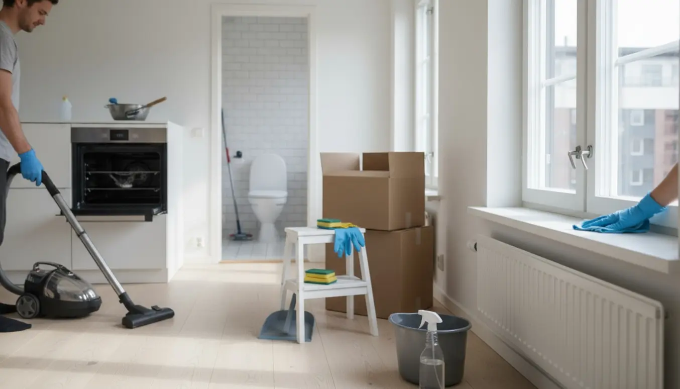 Hænder i gummihandsker rengør en lys etværelseslejlighed med støvsuger, moppe, åben ovn og vinduer i naturligt sollys.