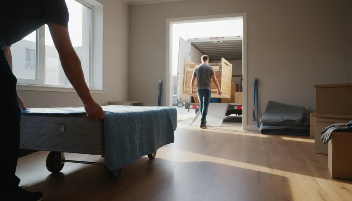 To personer bærer to enkeltsenge gennem en lys lejlighed mod en åben flyttevogn.