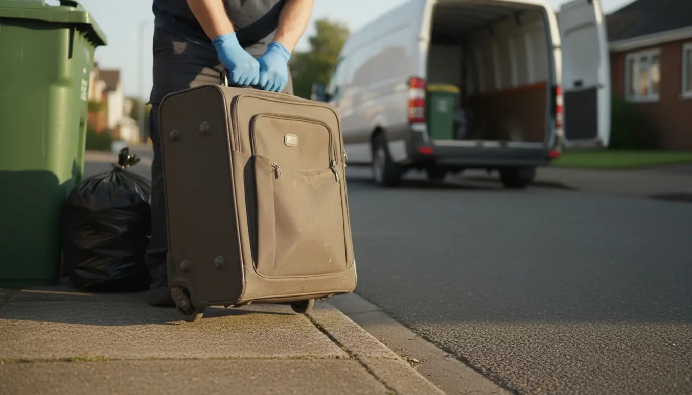 Handsker løfter en almindelig kuffert fra fortovet ved afhentning af skrald.