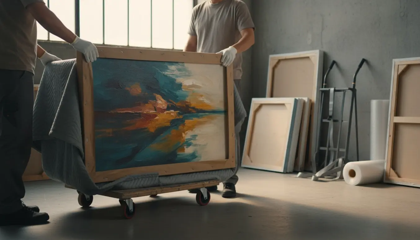 Et stort maleri på ca. 128x138 cm bliver pakket og forsigtigt flyttet i et lyst gallerialager.