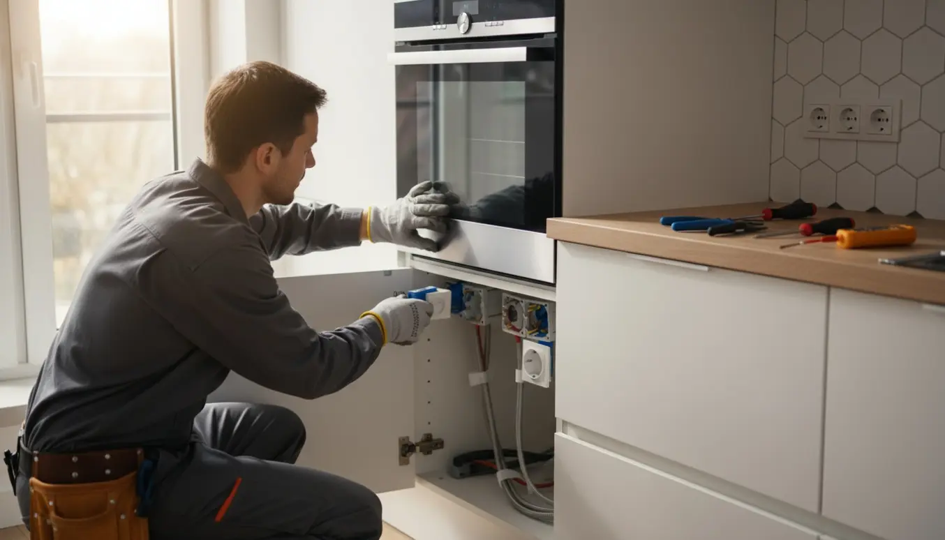 Elektriker monterer membrandåser og flytter stikkontakter i et lyst, moderne køkken.
