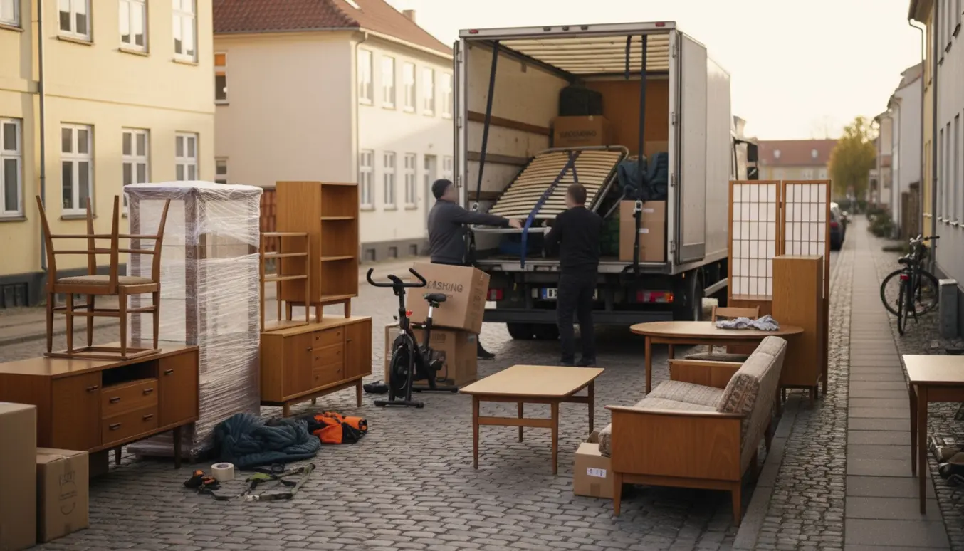 Flyttebil åbnet på en rolig gade med møbler og flyttefolk, hvor en delvist adskilt elevationsseng og andre møbler er pakket og klar til flytning.