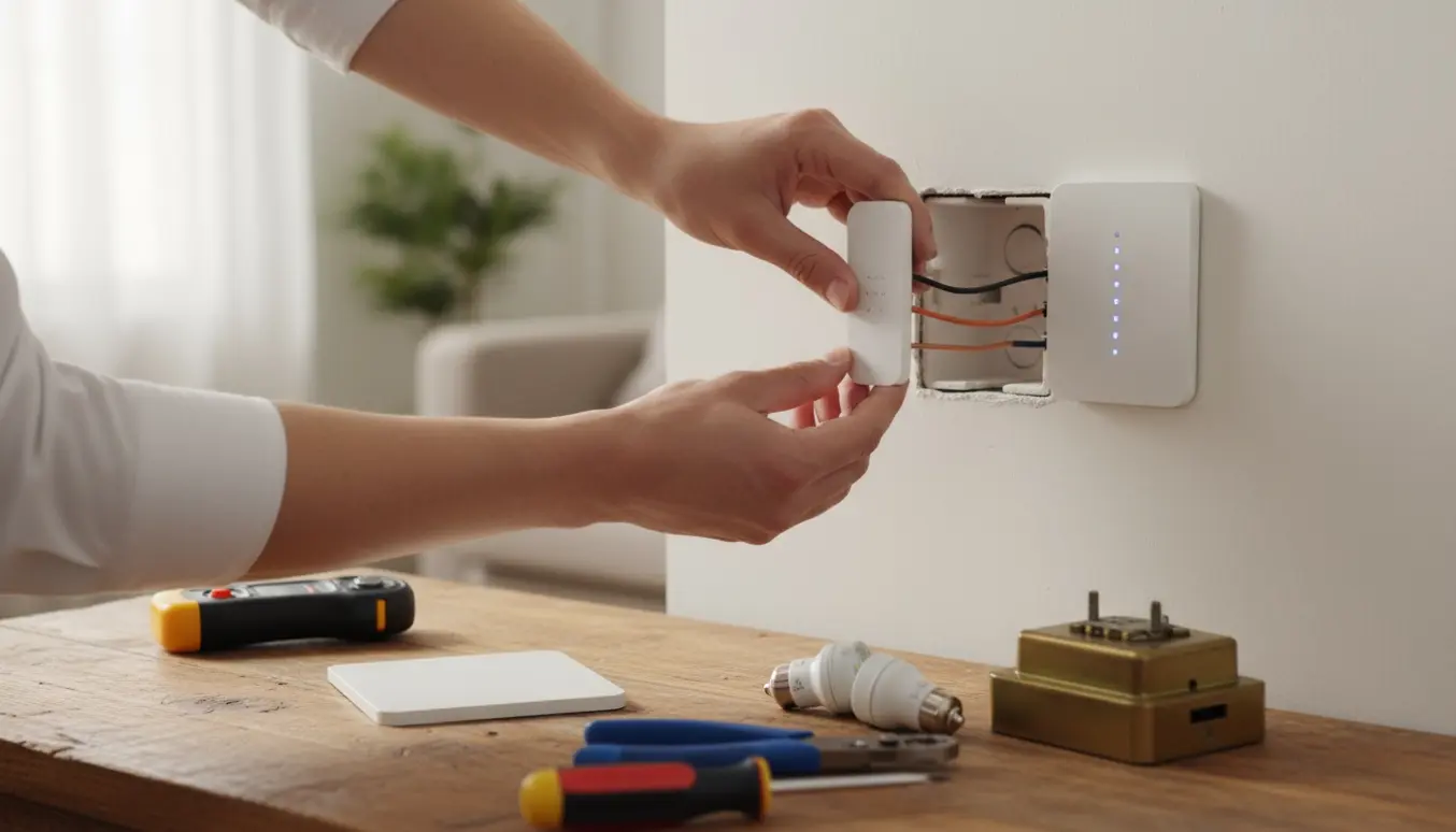 Nærbillede af hænder, der monterer en moderne touch LED-lysdæmper i en vægboks med værktøj og løse ledninger ved siden af.