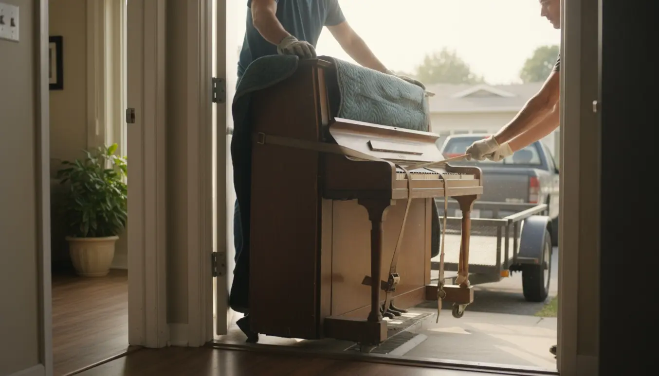 Gammelt opretstående klaver bæres forsigtigt ud af stueetagen og læsses på en trailer.