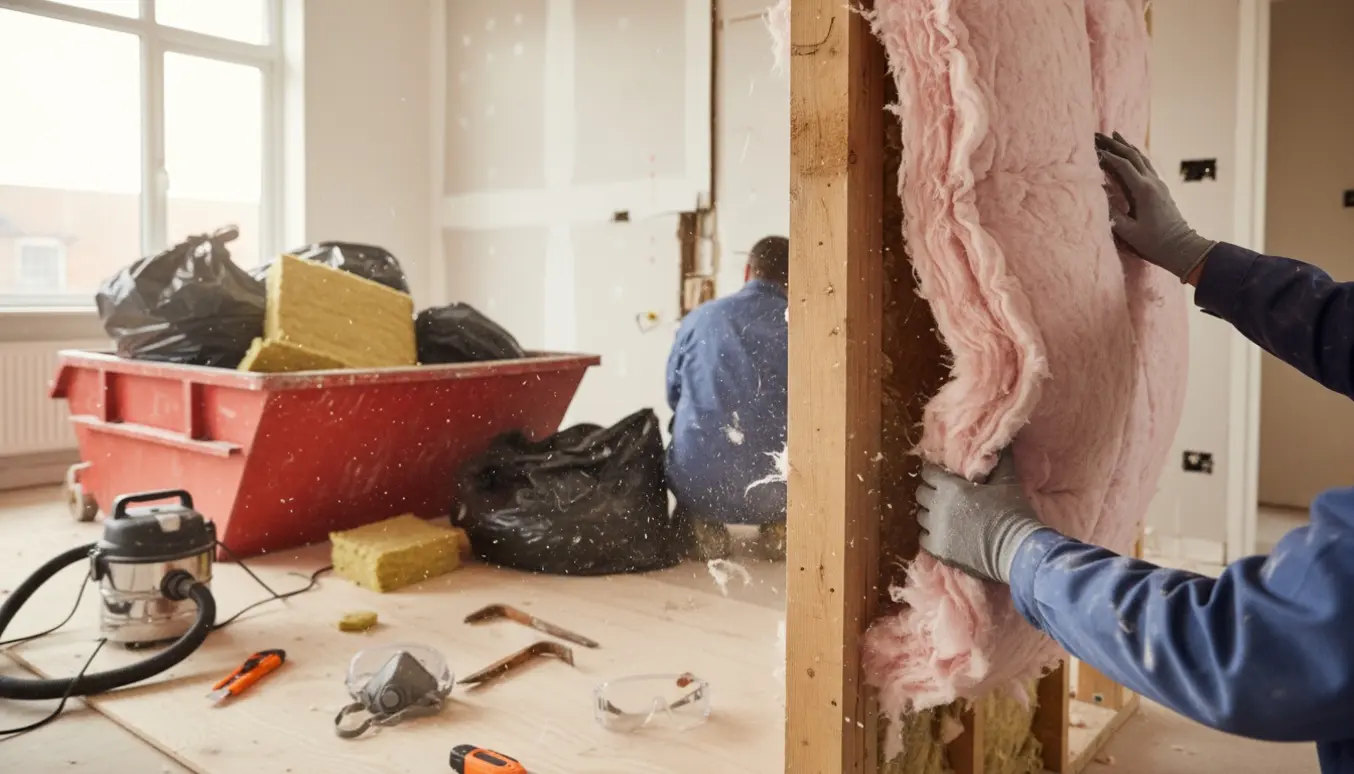 Handsker trækker isolering ud af en væg under renovering med bunker af isoleringsmateriale og værktøj i baggrunden.