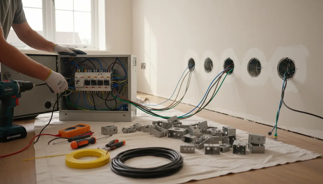Åben eltavle og forberedte installationshuller i stueetagen med kabler og værktøj klar til modernisering.
