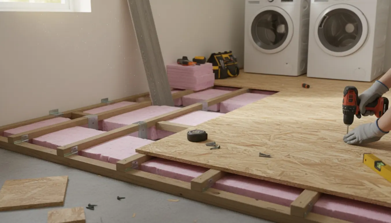 Delvist færdigt bryggers med lukket trappeåbning og isoleret gulvkonstruktion klar til vaskemaskine og tørretumbler.