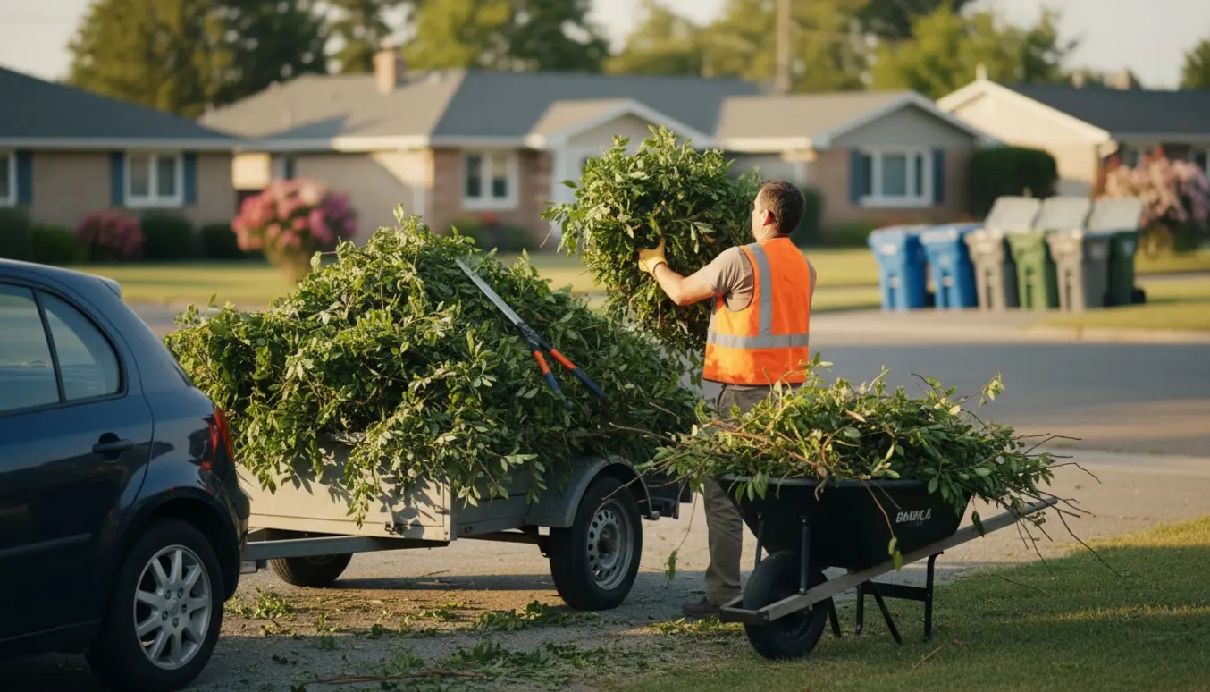 Trailer og skovl fyldt med nyslået hækaffald på indkørsel ved solnedgang.