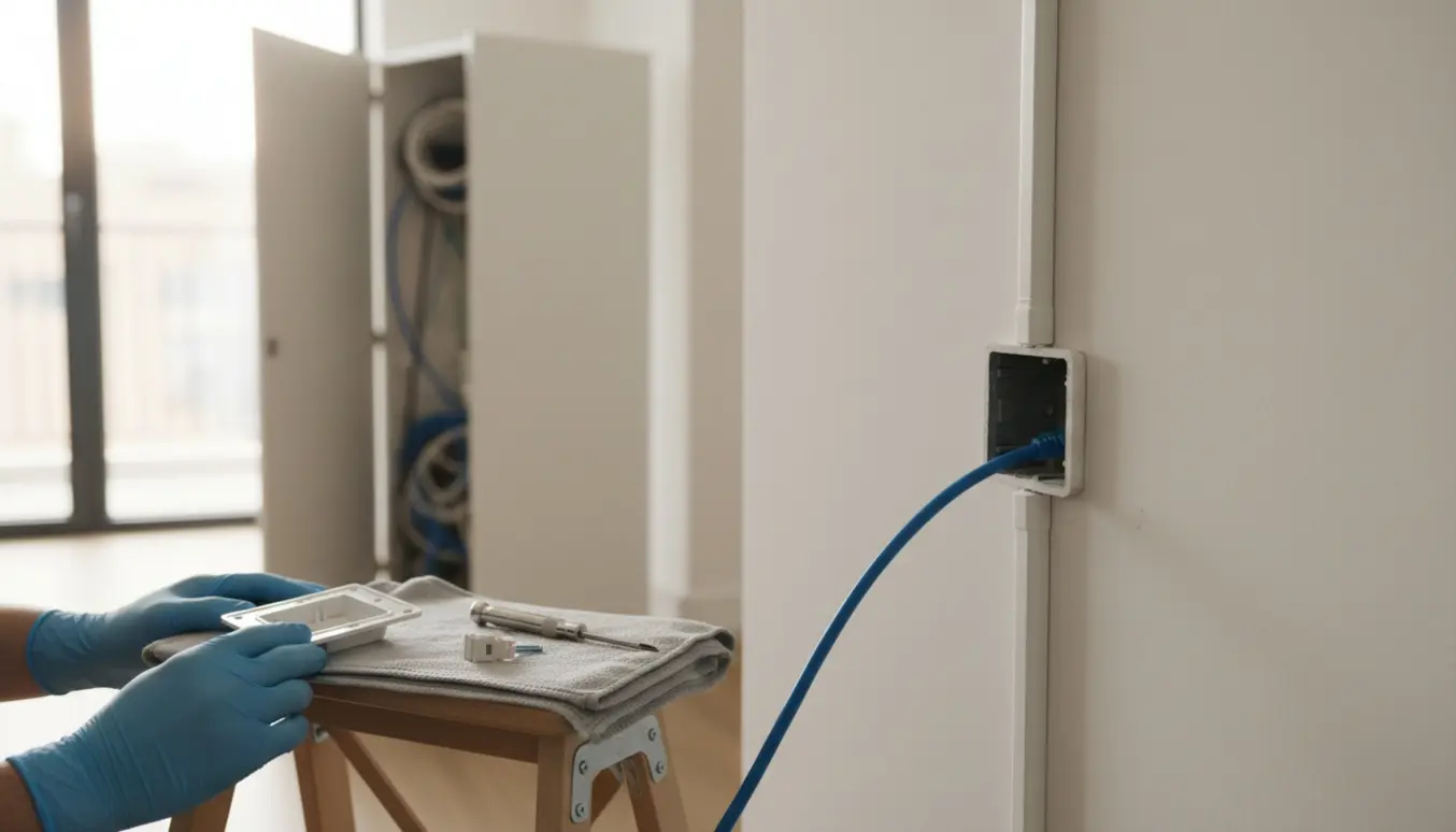 Nærbillede af installation af netværkskabel gennem tomrør til en vægmonteret netstikdåse i en lys stue.