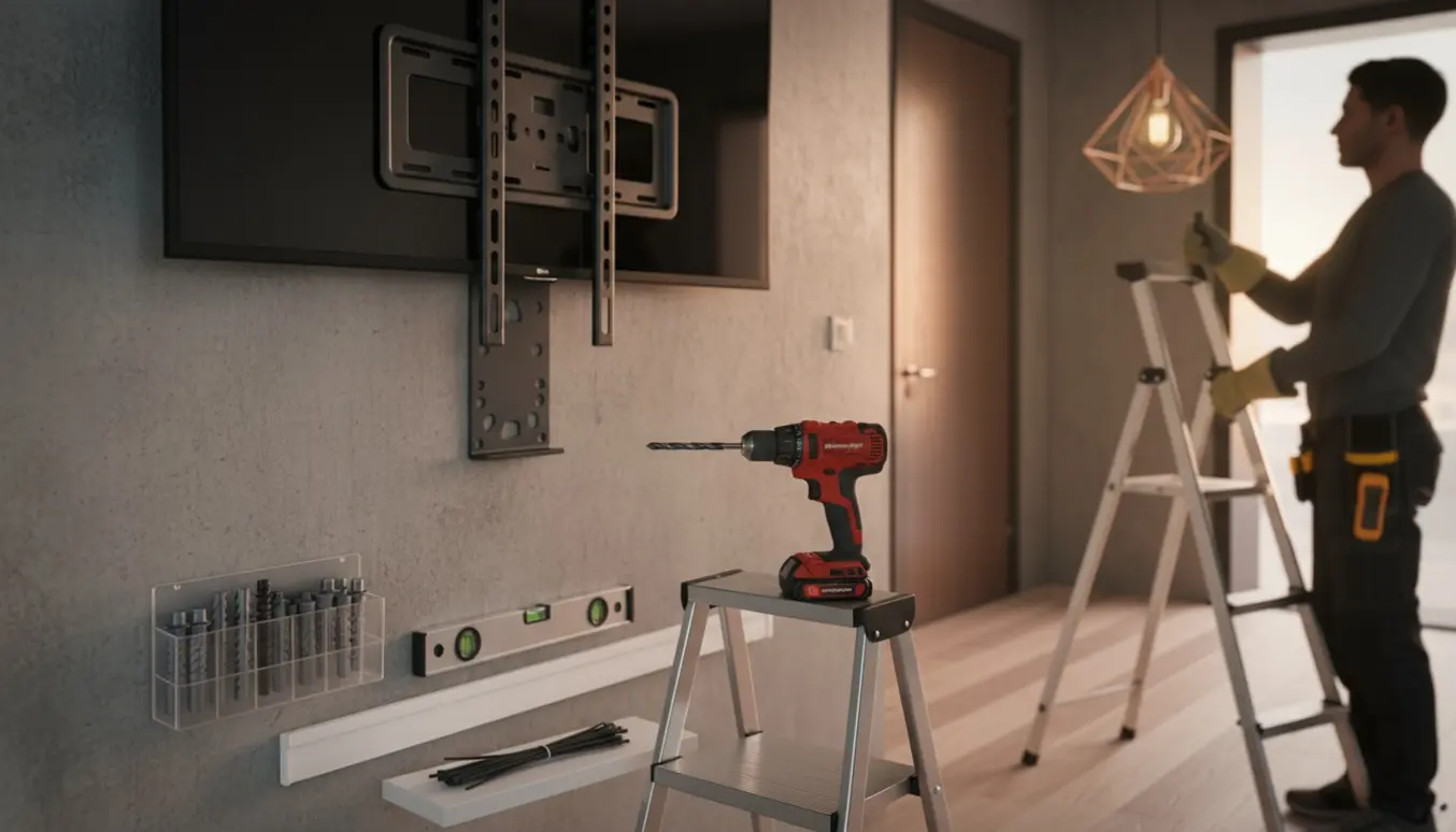 TV monteres på en betonvæg i entréen, mens værktøj ligger klar og en tekniker tilslutter en loftslampe.