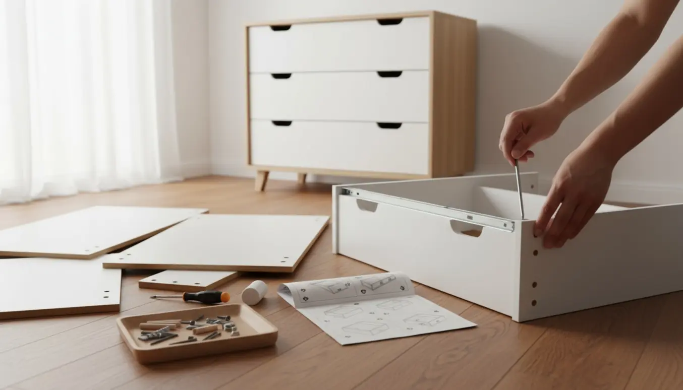 To skandinaviske kommoder i fladpakke samles på et lyst trægulv med værktøj og instruktioner ved siden af.