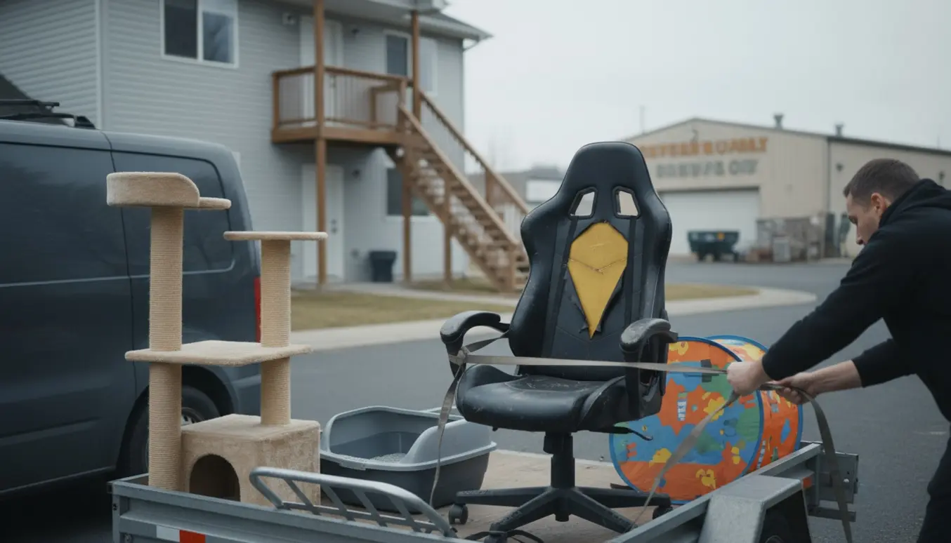 Lastning af katteklatrestativ, kattebakke, ødelagt gamerstol og legetelt på trailer foran hus med trappe.