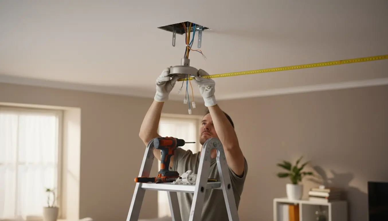 En stige under en loftslampe mens hænder arbejder med ledninger og værktøj for at flytte lampen.