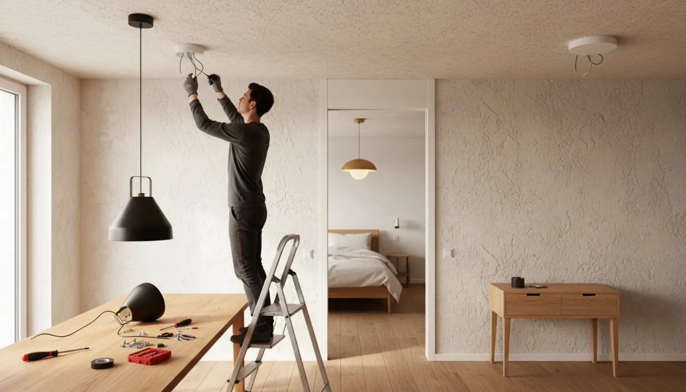 En person på en 3-trins trappestige monterer en loftslampe i en moderne lejlighed, med to andre lamper synlige.