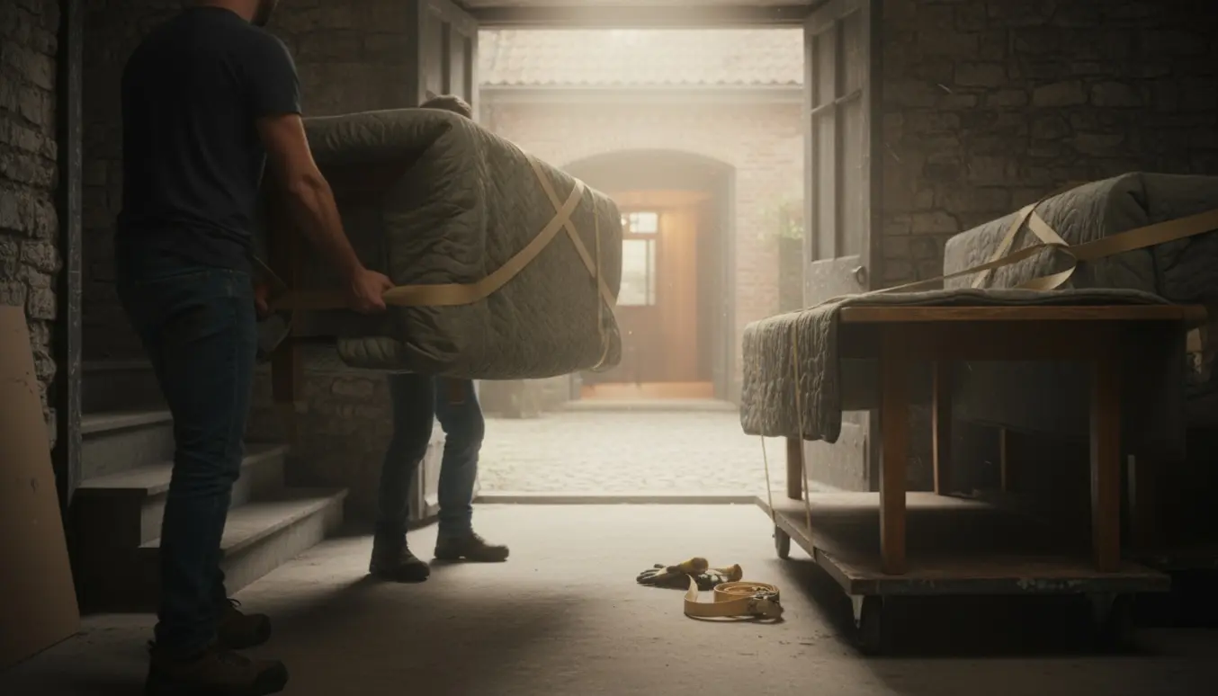 Flyttefolk bærer ikke-klappelige træborde ud af et kælderrum gennem gården til næste opgang.