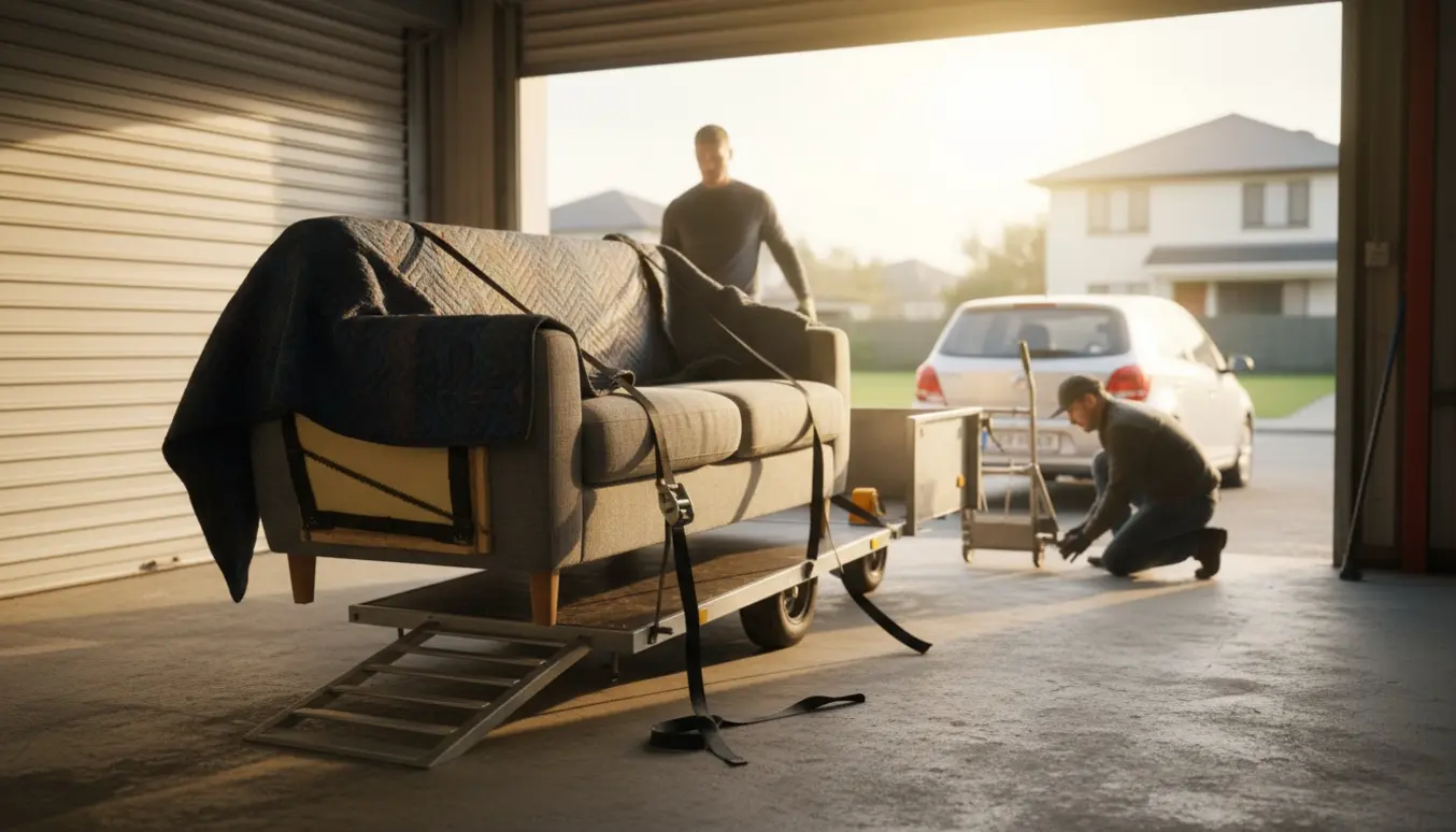 En to-et-halvt-personers sofa bliver løftet fra et depotrum og sikret på en trailer på en solrig eftermiddag.