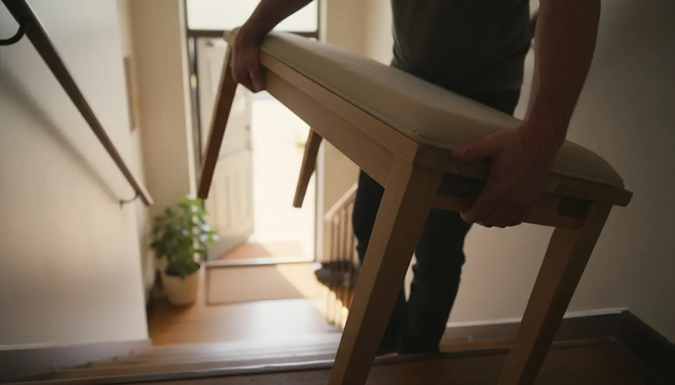 To personer bærer en let spisebordsbænk ned ad en trappe med fokus på hænder og træets struktur.