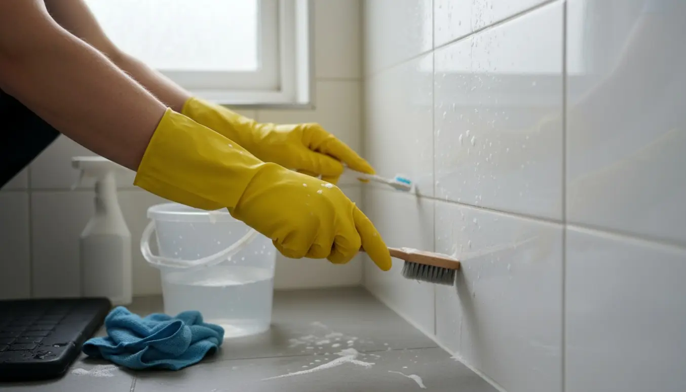 Hænder i gummihandsker skrubber badeværelsesfuger mellem fliser med børste og rengøringsskum, før- og efterkontrast synlig.