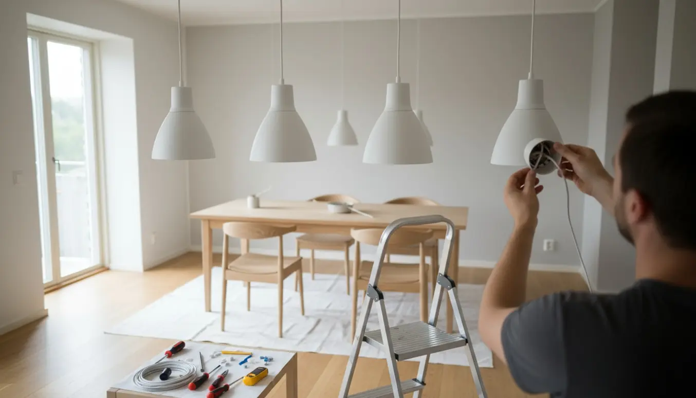 En installerer monterer fem pendellamper i en lys, minimalistisk lejlighed med værktøj og hvide ledninger synlige.