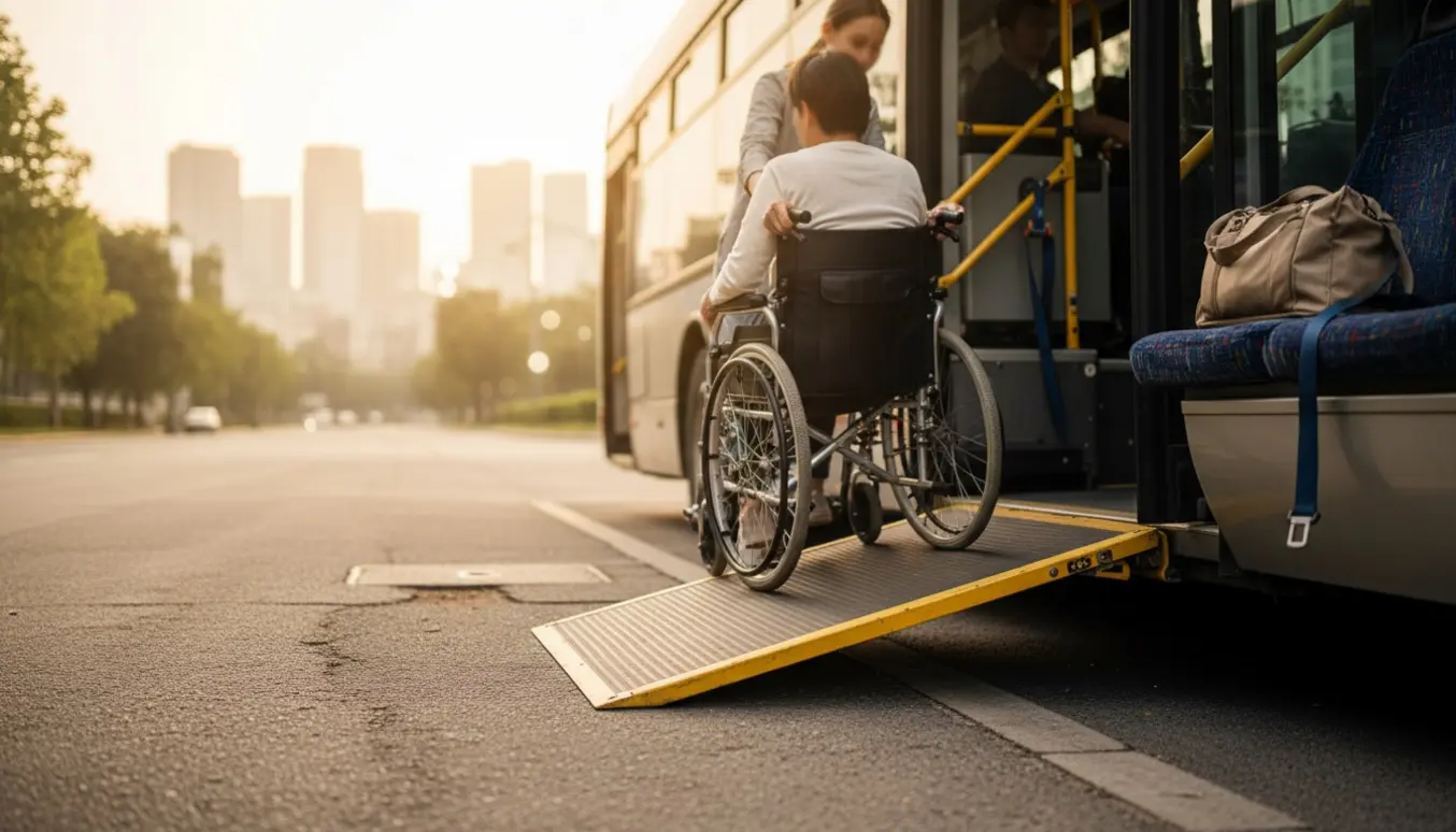 Handicapbus med rampe, hvor en person i kørestol rulles ombord i blødt morgenlys.