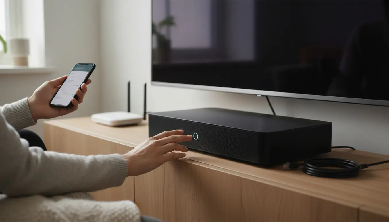 Hånd holder smartphone foran en lav sort Sonos Playbase under et TV, klar til tilslutning til Wi‑Fi.