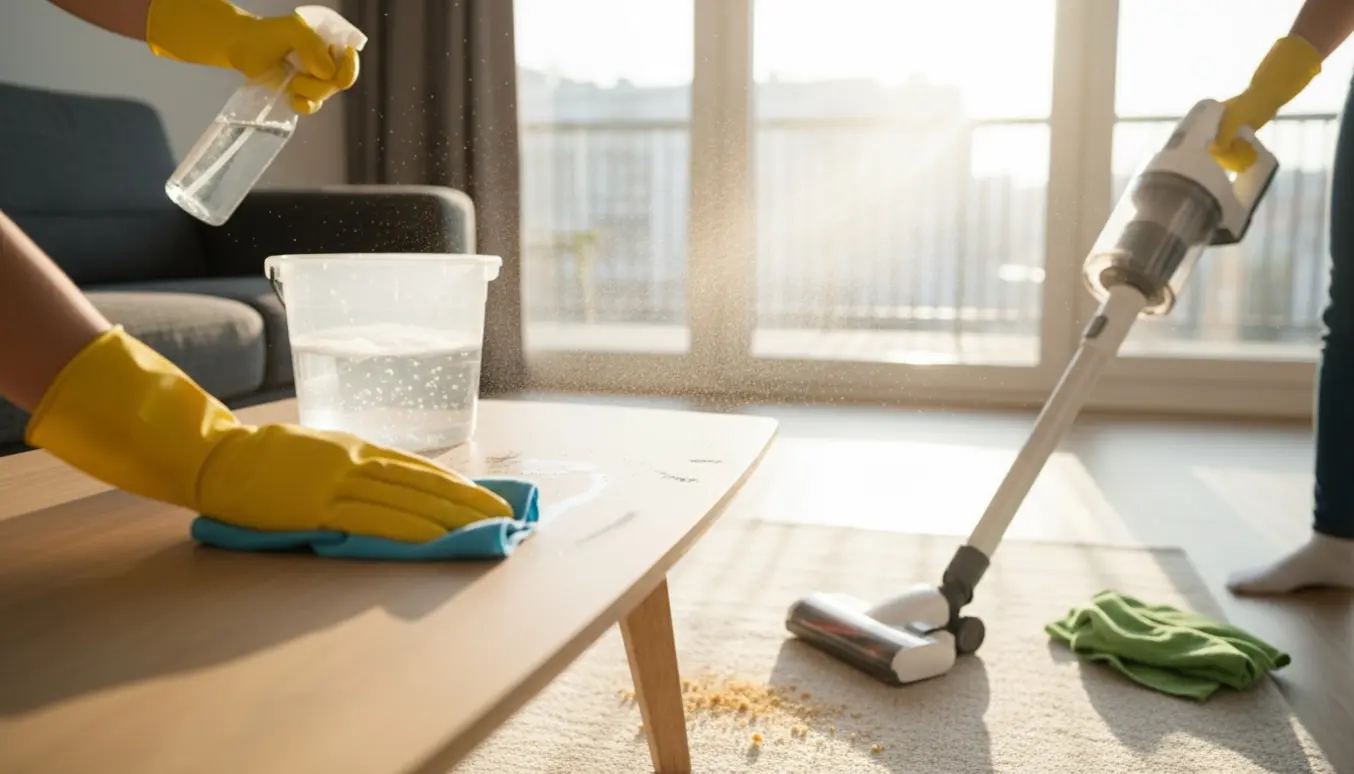 Hænder i gummihandsker tørrer et sofabord af og bruger en lille støvsuger i en lys lejlighed under hurtig rengøring.