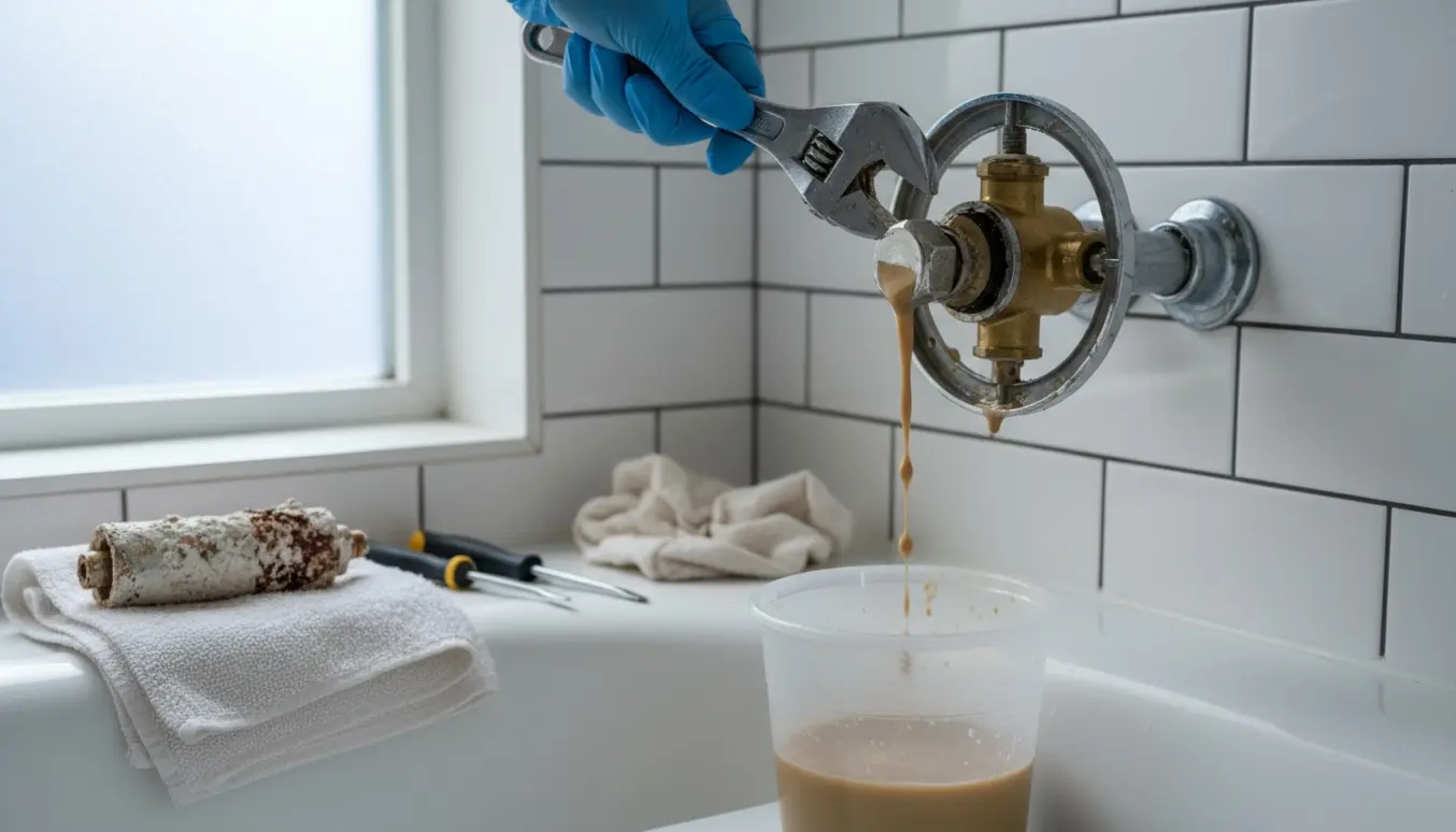 Nærbillede af hænder, der reparerer bruserens ventil med en spand brunligt vand og afkalket patron på et håndklæde.