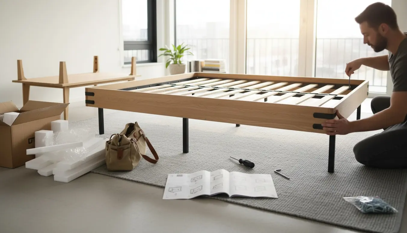 Ny seng 140×200 og et sofabord 50×100 bliver samlet i et lyst rum med værktøj og emballage.