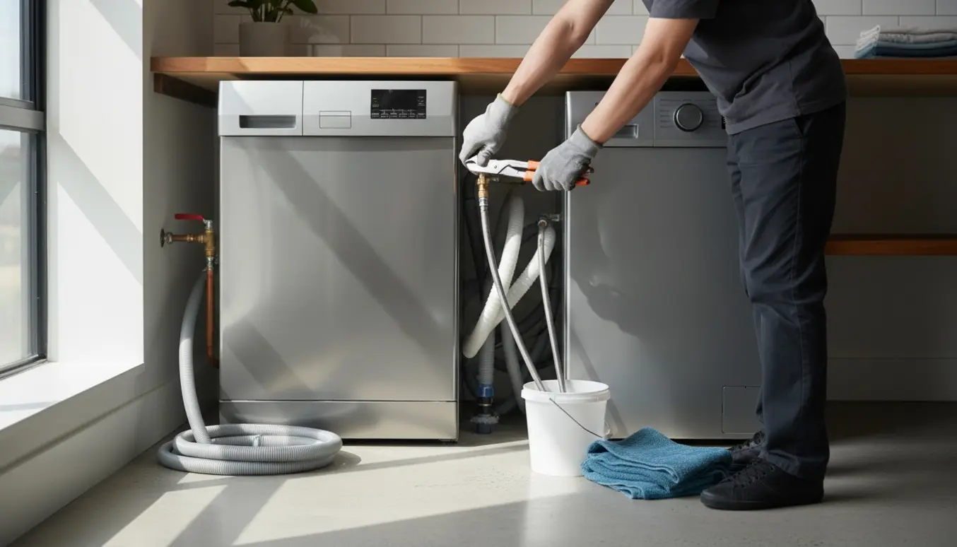 Hænder frakobler opvaskemaskine og vaskemaskine under køkkenbordet med værktøj og spand.