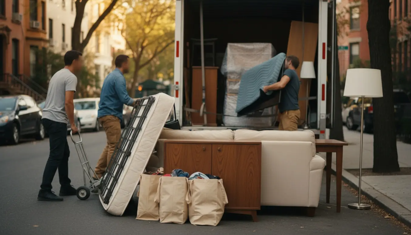 Flyttefolk og en boligejer læsser en stor fladskærm, seng, sofa og poser ind i en åben flyttevogn.