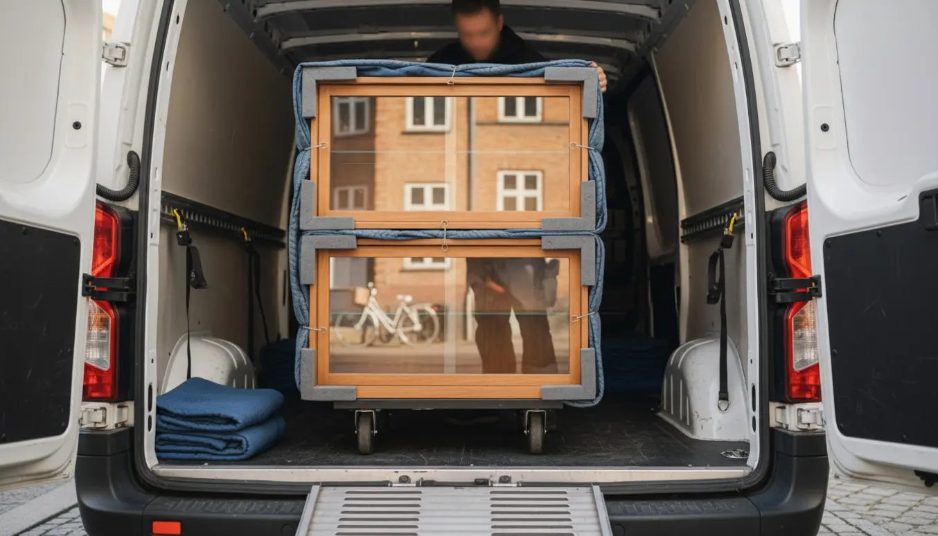 Et vitrineskab i to dele pakket ind i beskyttelse og læsset ind i en varevogn.