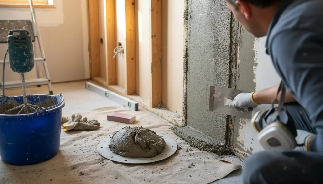 Nærbillede af spartling og pudsning med brandhæmmende mørtelpuds efter fjernelse af trævægge.