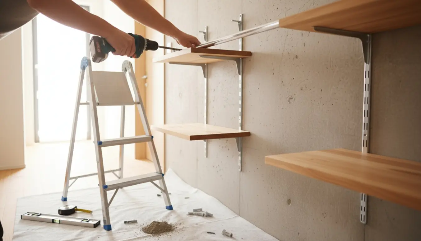 Nærbillede af montering af garderobestang og to hattehylder på en betonvæg med værktøj og hænder i arbejde.