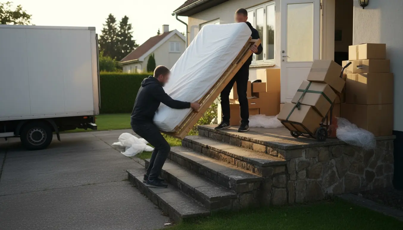 To flyttefolk bærer en tung madras ned ad fem trappetrin mod en flyttebil på indkørslen.