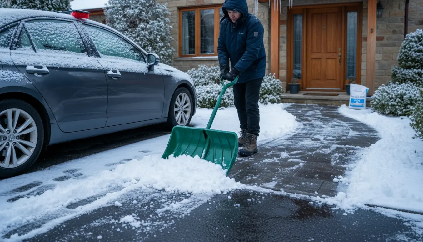 En person rydder sne fra en privat indkørsel med skovl, og der er lagt en ryddet sti fra bilen til døren.
