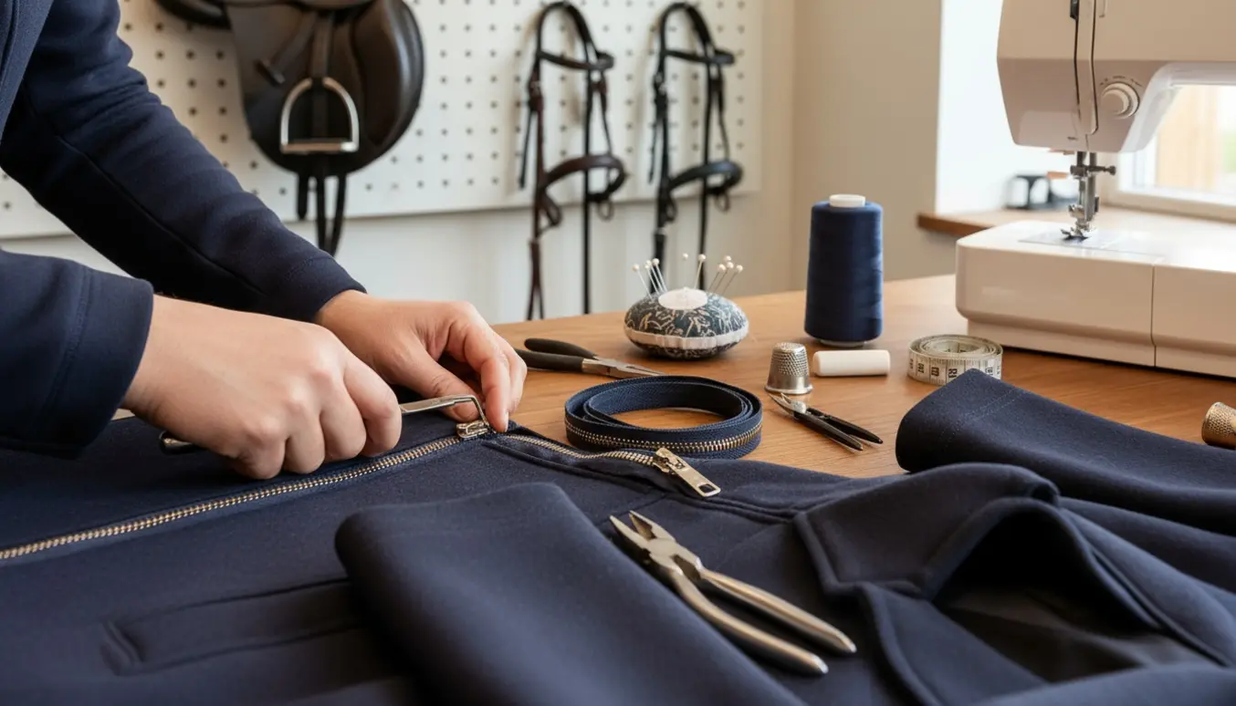 Hænder skifter lynlås i en ridningsjakke på et træbord med symaskine og grej i baggrunden.