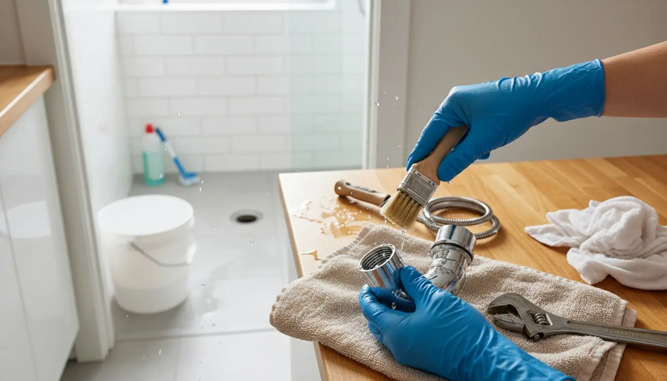 Nærbillede af afløbsrensning med handsker, afmonteret P-fælde ved køkkenvask og rengøringsværktøj ved bruseafløbet.