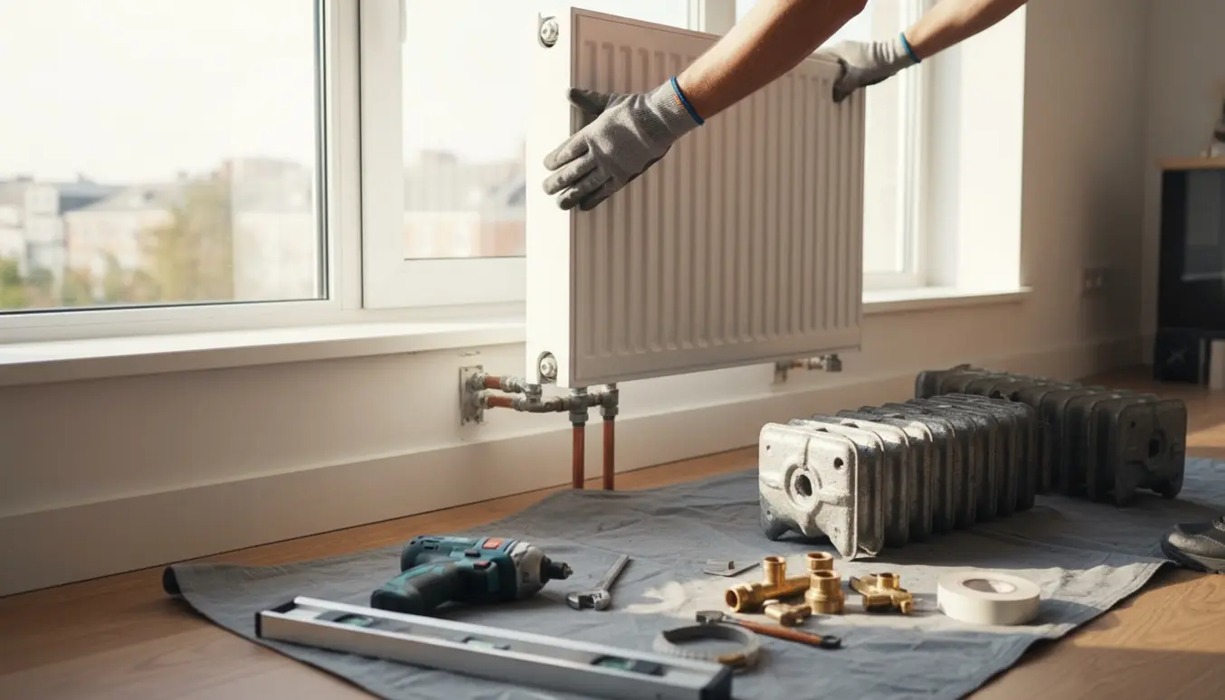 Hænder monterer en ny hvid radiator under et vindue i en lys lejlighed med værktøj og afmonterede radiatorer ved siden af.