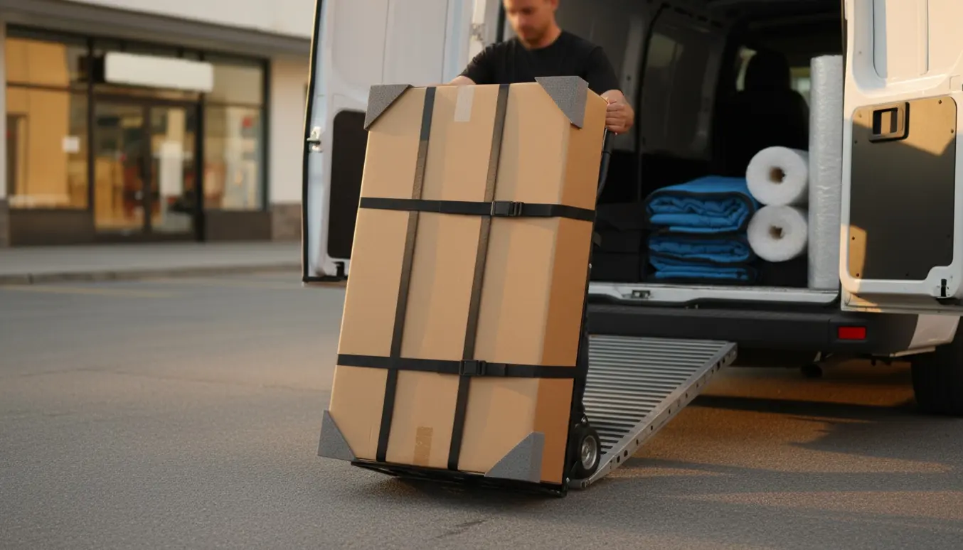 En fladskærm i papkasse bliver forsigtigt læsset på en sækkevogn og spændt fast, før den køres ind i en hvid varevogn i aftensol.