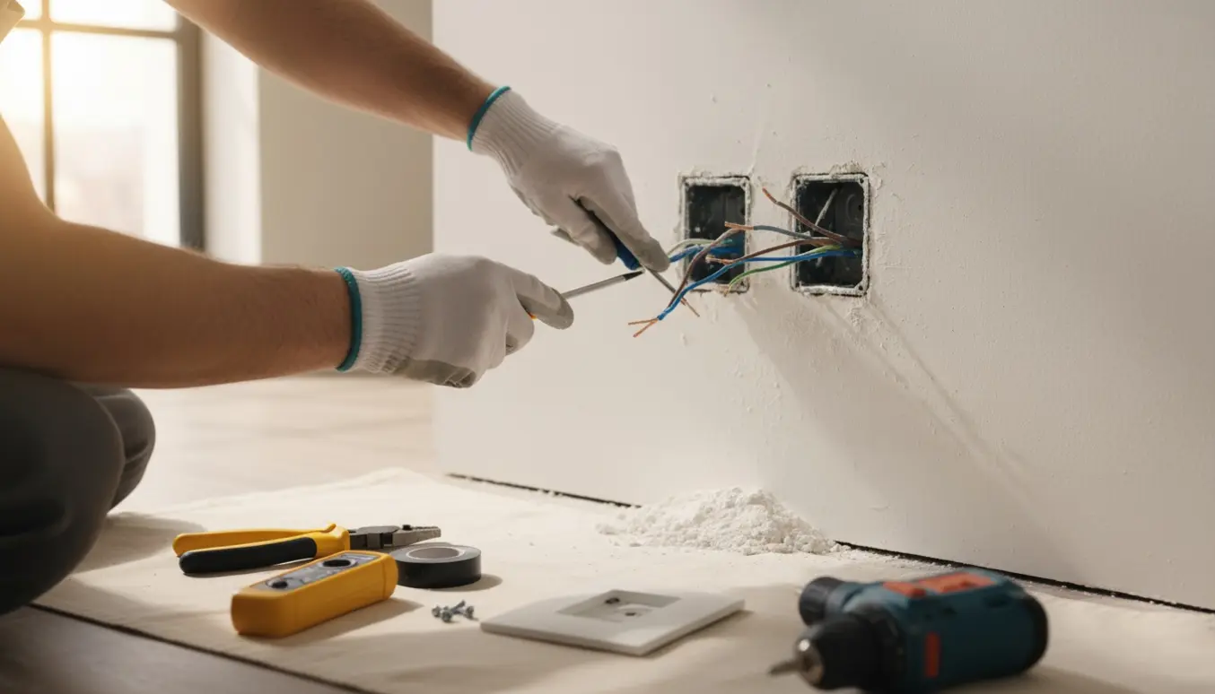 Nærbillede af elektrikerhænders arbejde med at flytte og installere stikkontakter på en væg.