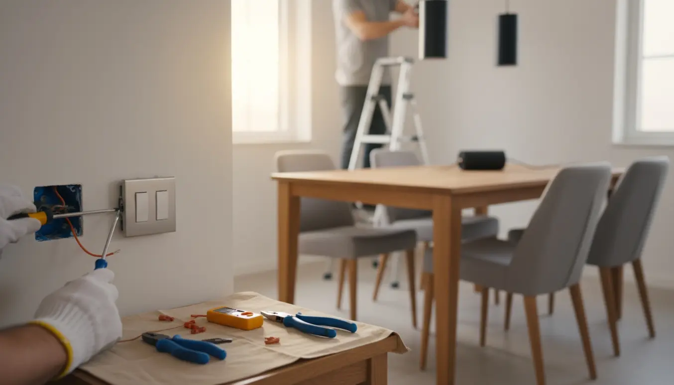 Hænder monterer to pendellamper og udskifter to kontakter med lysdæmpere i et rum med lav loftshøjde.