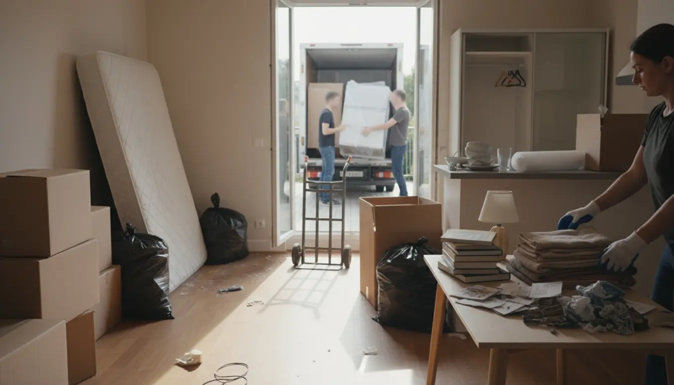 Rydning af en 48 m² lejlighed med flyttekasser, sorte sække og handsker, mens ejendele sorteres til behold eller affald.