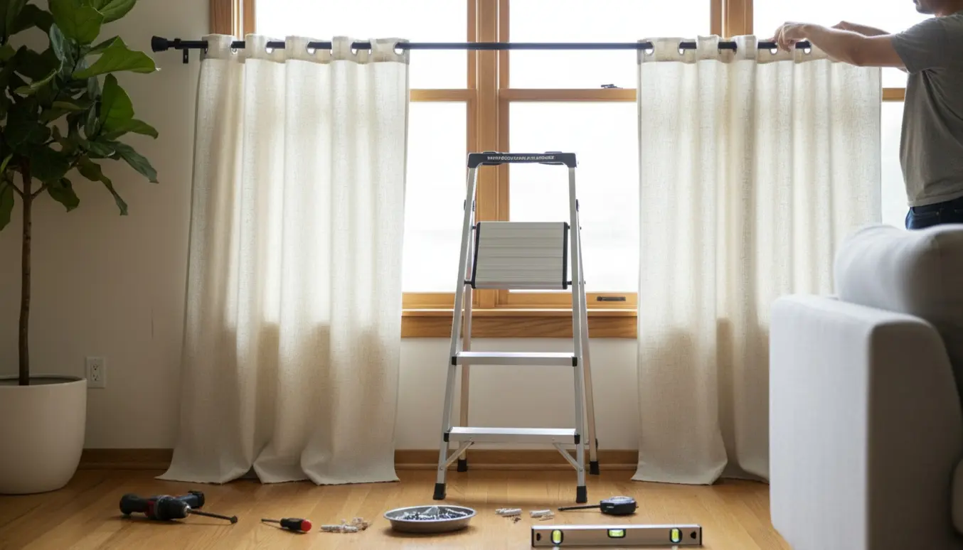 Hænger hvidt linnedgardin op ved et solbelyst vindue med værktøj og stige i rummet.