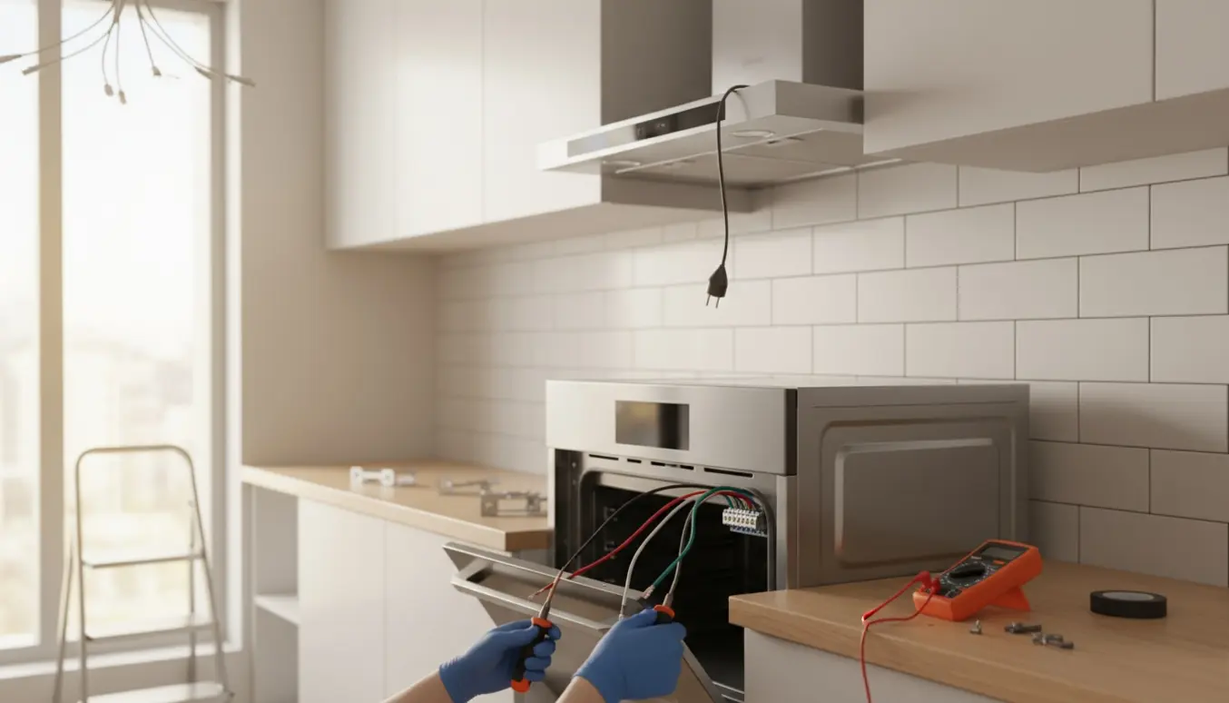 Hænder forbinder ledninger til ovn og emhætte i et moderne køkken med værktøj på bordet.