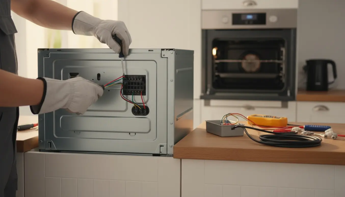 Ny indbygningsovn tilsluttes strøm i et køkken, elektriker forbinder kabler mens en gammel ovn står på bordet.